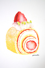 카페 디저트 수채화 - 생크림 딸기롤케이크
