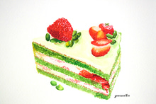 카페 디저트 수채화 - 녹차딸기 케이크